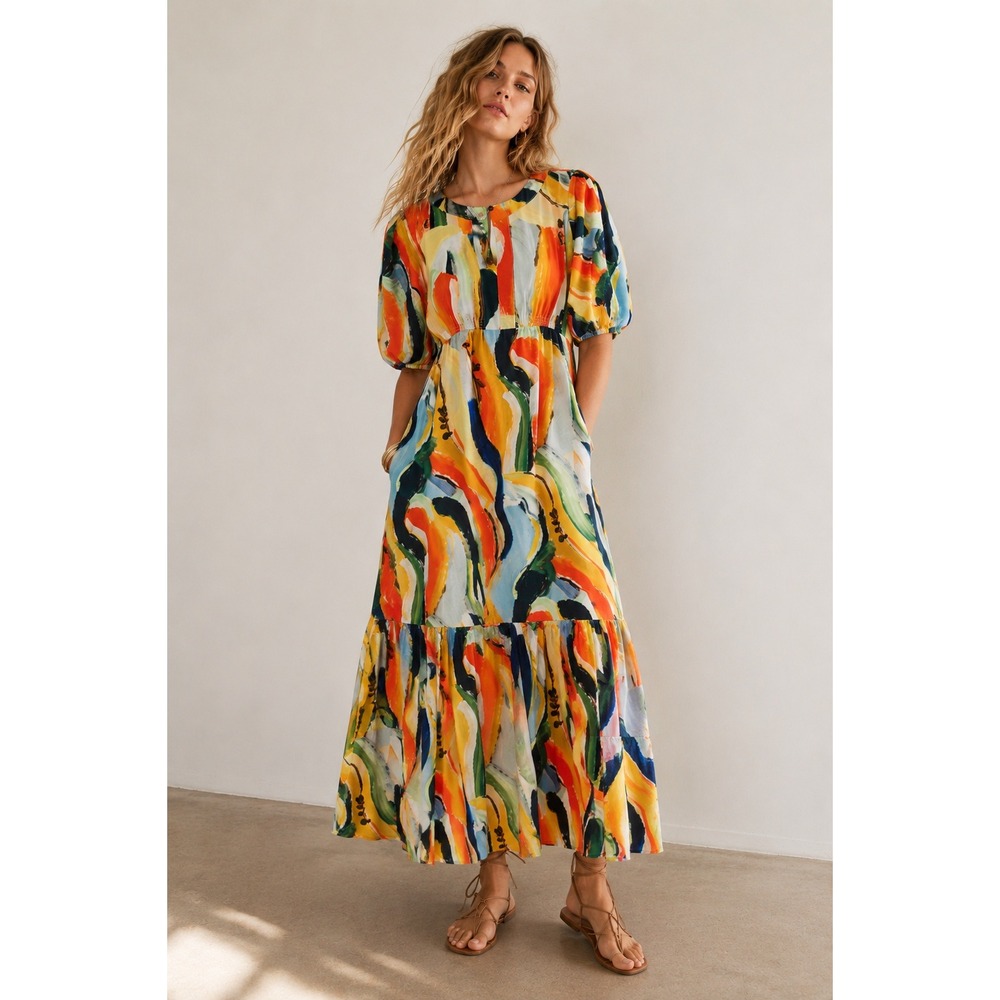 Maeve by Anthropologie Suzannah Abstract Print Midi Dress M Dopamine Artsy Chic